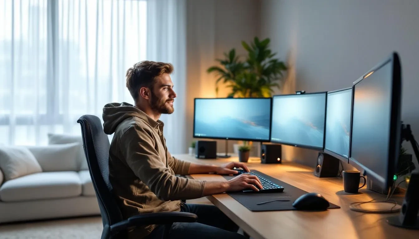 The image depicts a person working remotely in a cozy home office, equipped with multiple screens and advanced technology, symbolizing the future of work. This setup highlights the importance of technical skills and the integration of artificial intelligence in the job market, as individuals adapt to new roles that require critical thinking and creativity.
